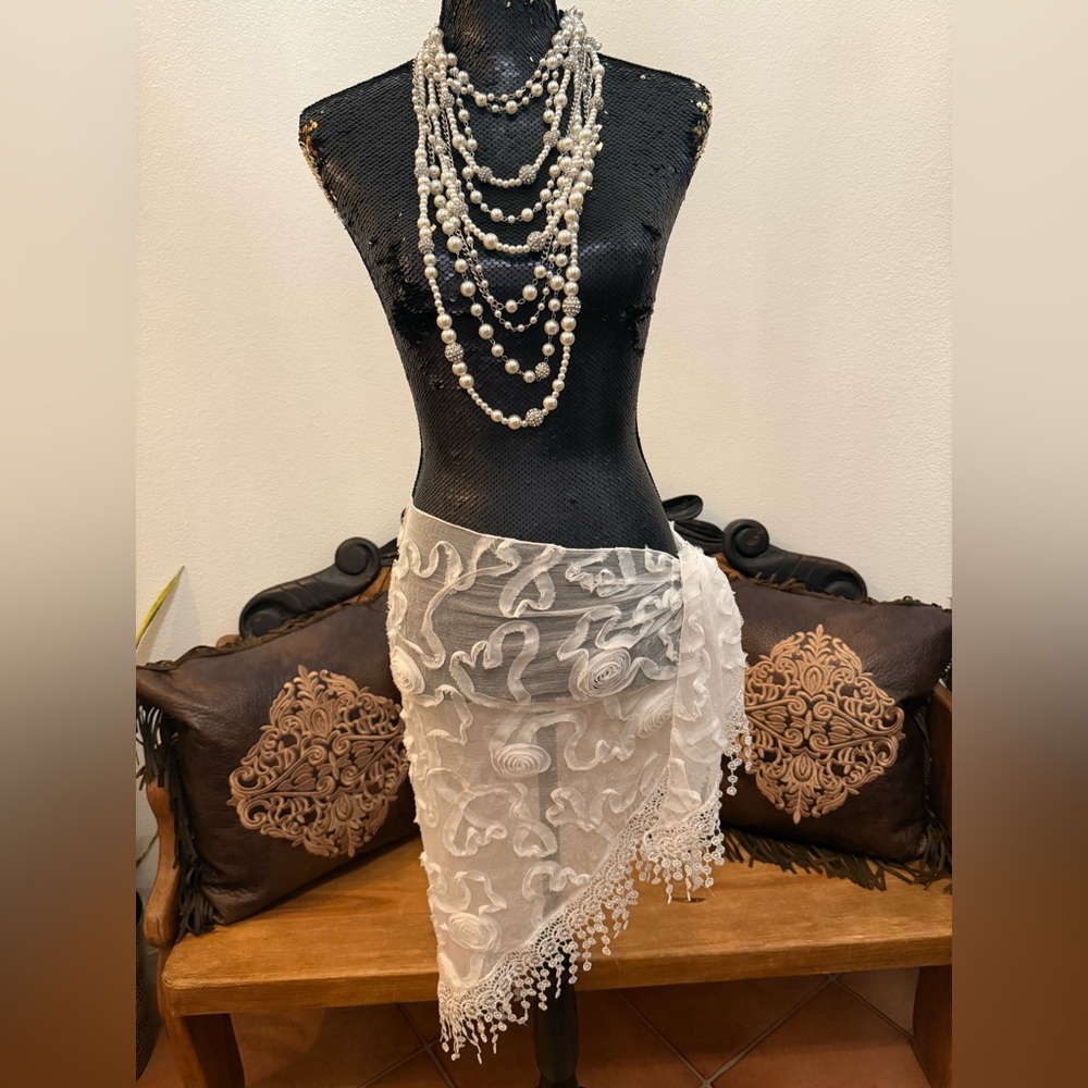 White Organza And Crocheted Trim Shawl Sarong With 3-D Roses